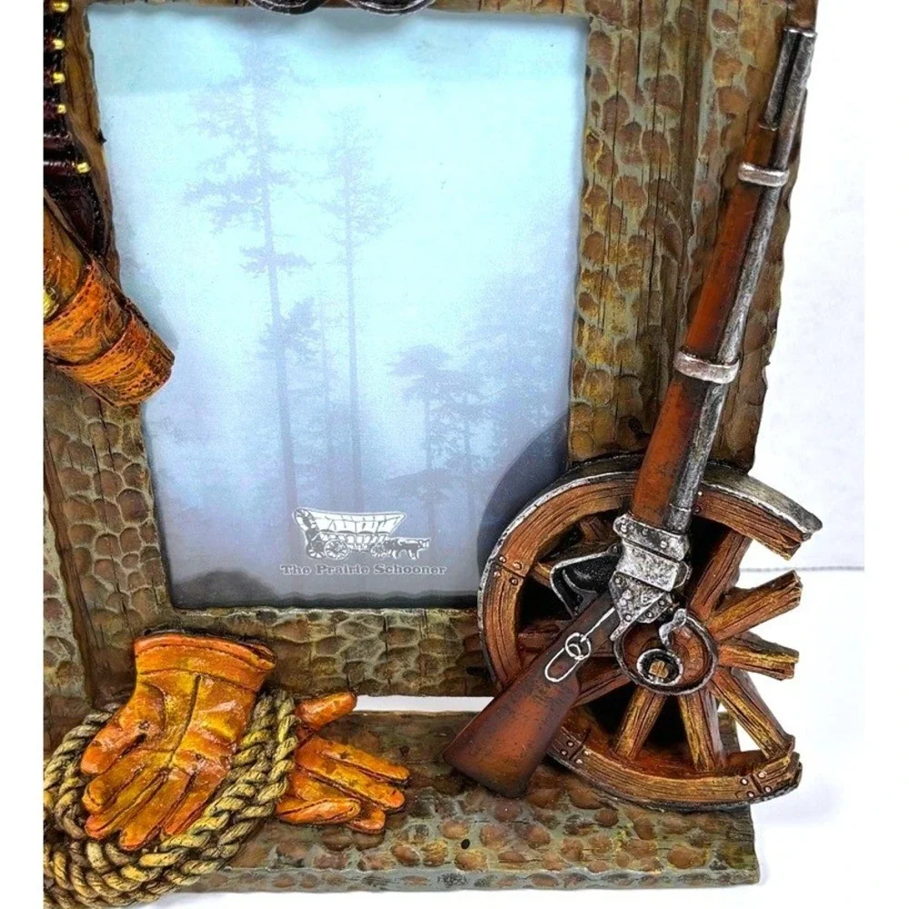Vtg 90s Western Cowboy Photo Frame 3D Faux Wood Resin Rustic Frontier Americana
